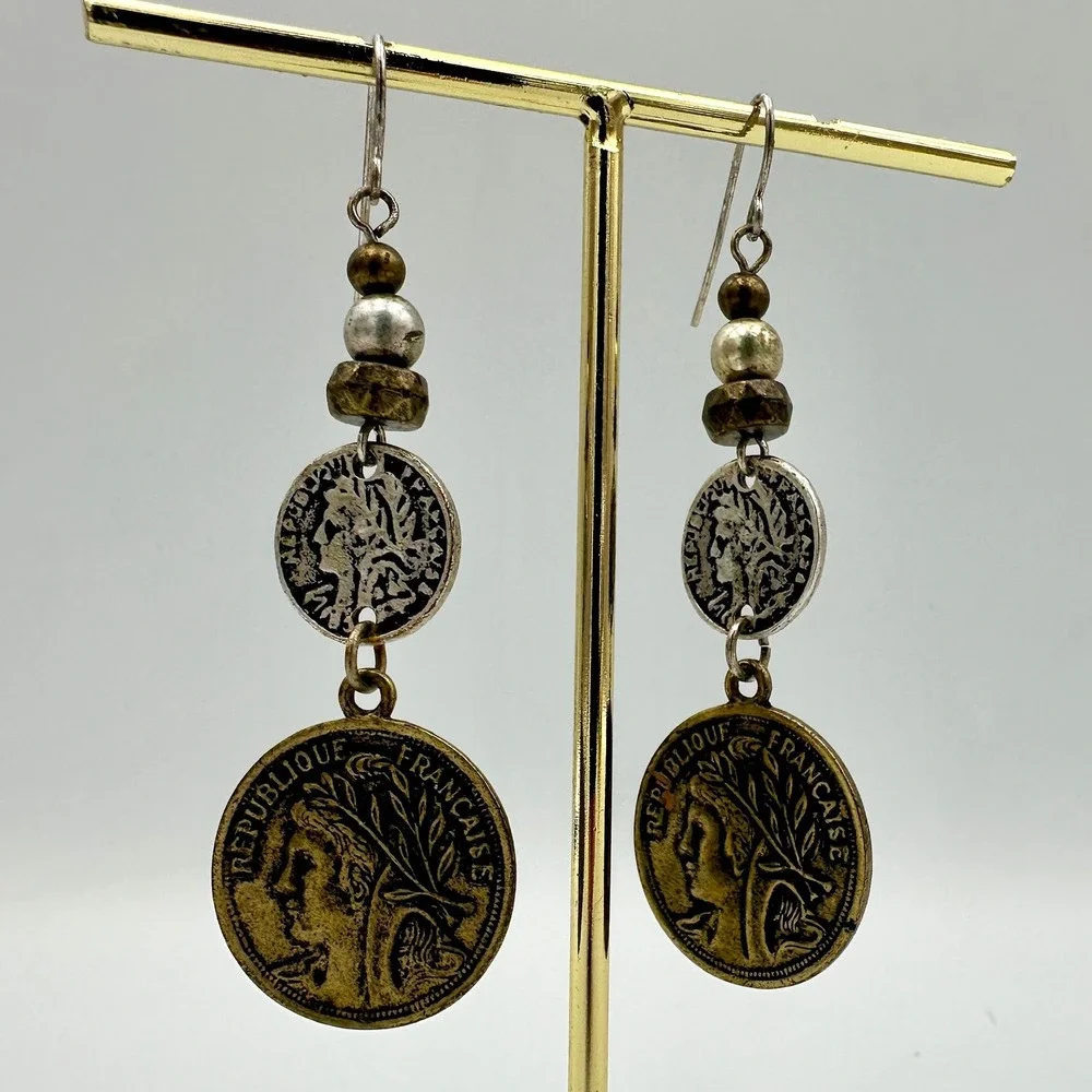 Vintage Style French Coin Drop Earrings Mixed Metal Boho Dangle Republique Franc - Picture 3 of 5